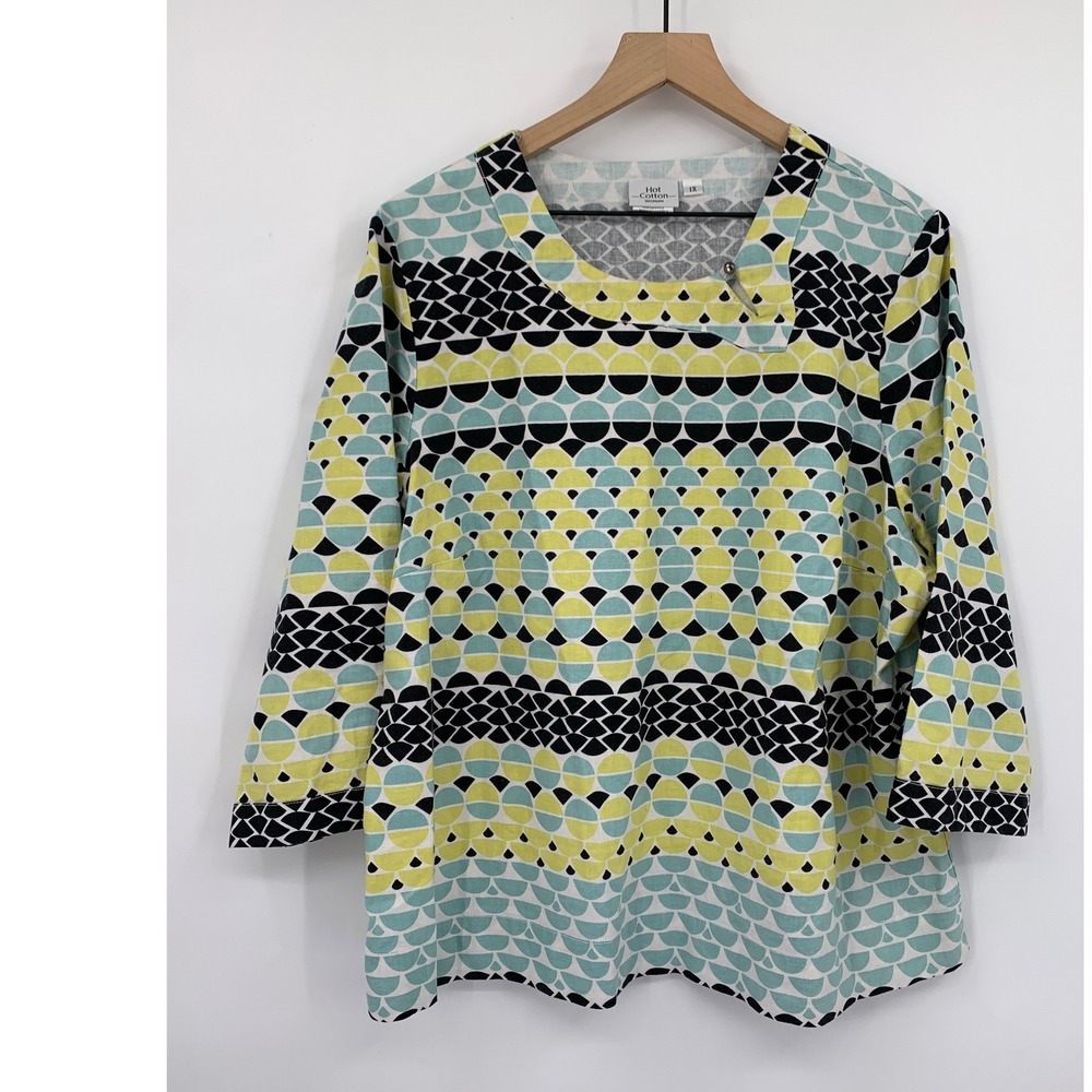 Hot Cotton Shirt Womens 1X Green Geometric Linen Cotton Lagenlook Beach